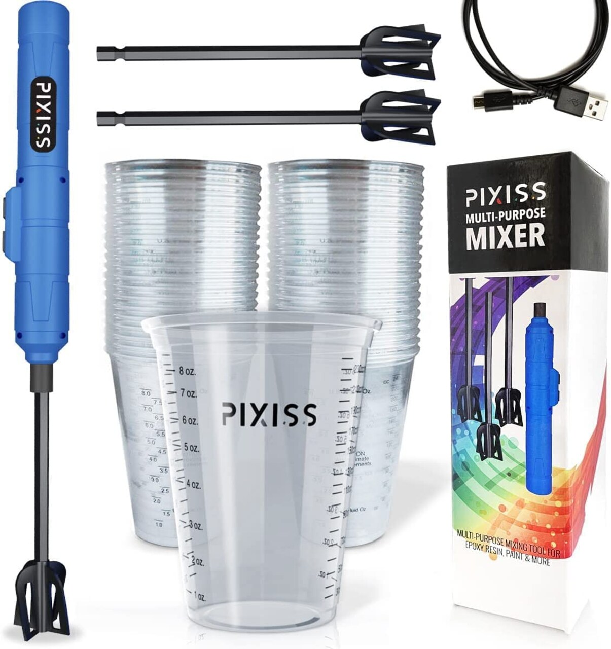 Pixiss Premium Handheld Rechargeable Resin Mixer and 20 Epoxy Resin Mixing Cups